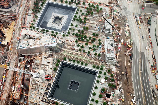 Looking down at the 9/11 Memorial from the top of 1 WTC